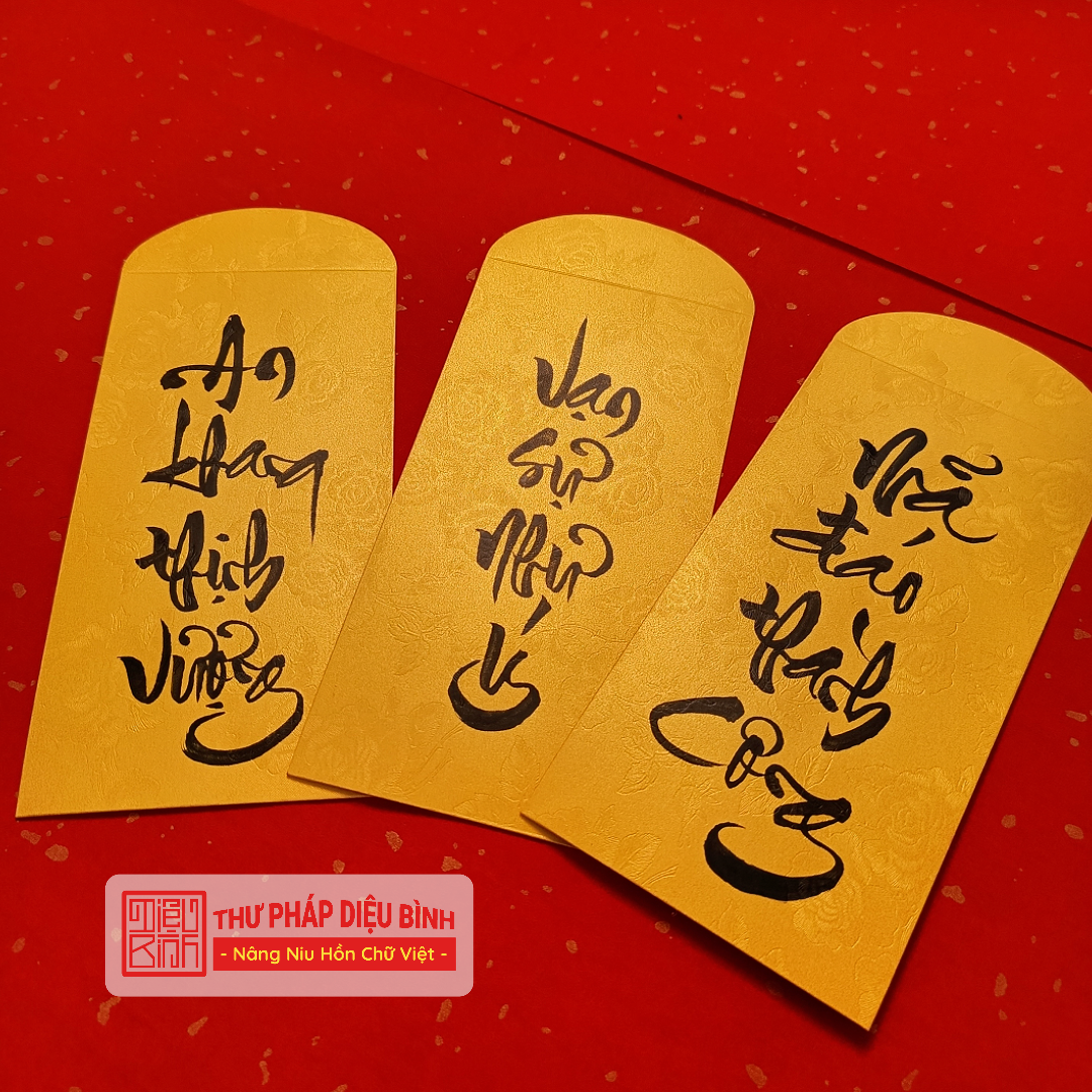 Combo 10 Bao lì xì vàng nghệ thuật chữ thư pháp – Lời chúc vạn điều may mắn cho muôn nhà - Thư pháp Diệu Bình