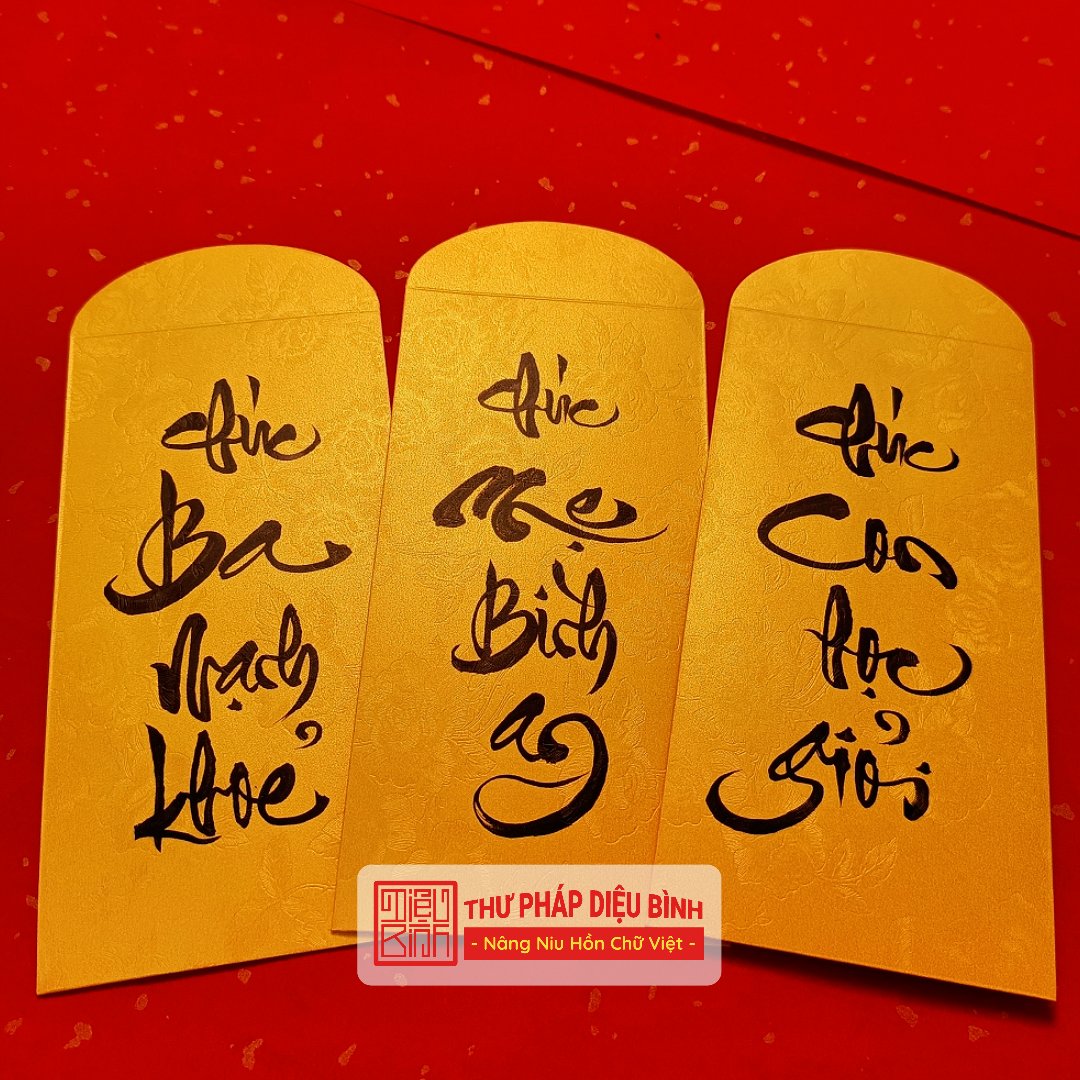 Combo 10 Bao lì xì vàng nghệ thuật chữ thư pháp – Lời chúc vạn điều may mắn cho muôn nhà - Thư pháp Diệu Bình