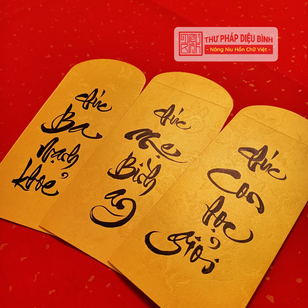 Combo 10 Bao lì xì vàng nghệ thuật chữ thư pháp – Lời chúc vạn điều may mắn cho muôn nhà - Thư pháp Diệu Bình