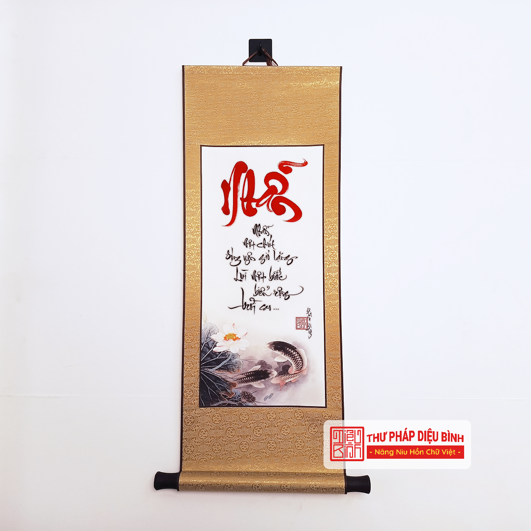 Liễn Bo Lụa - Chữ Thư Pháp Tâm, Nhẫn, Tài, Đức,… - Thư Pháp Diệu Bình